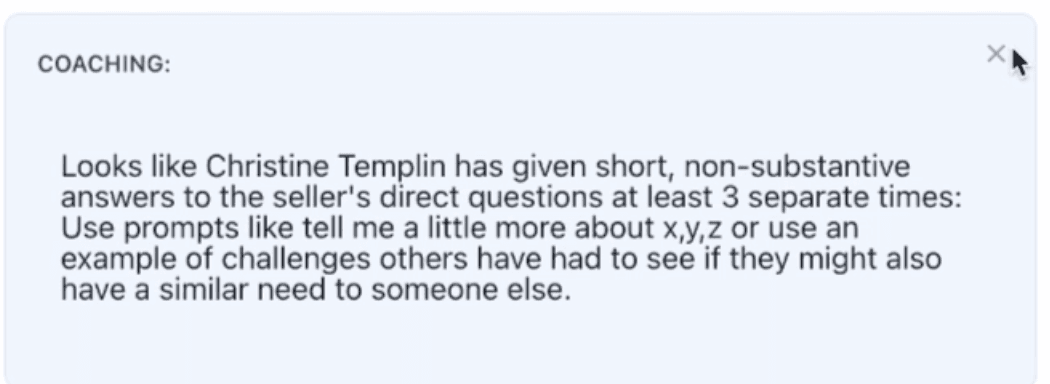 A Nayak coaching hint identifying repeated short buyer answers and recommending a follow-up prompt to uncover more context.