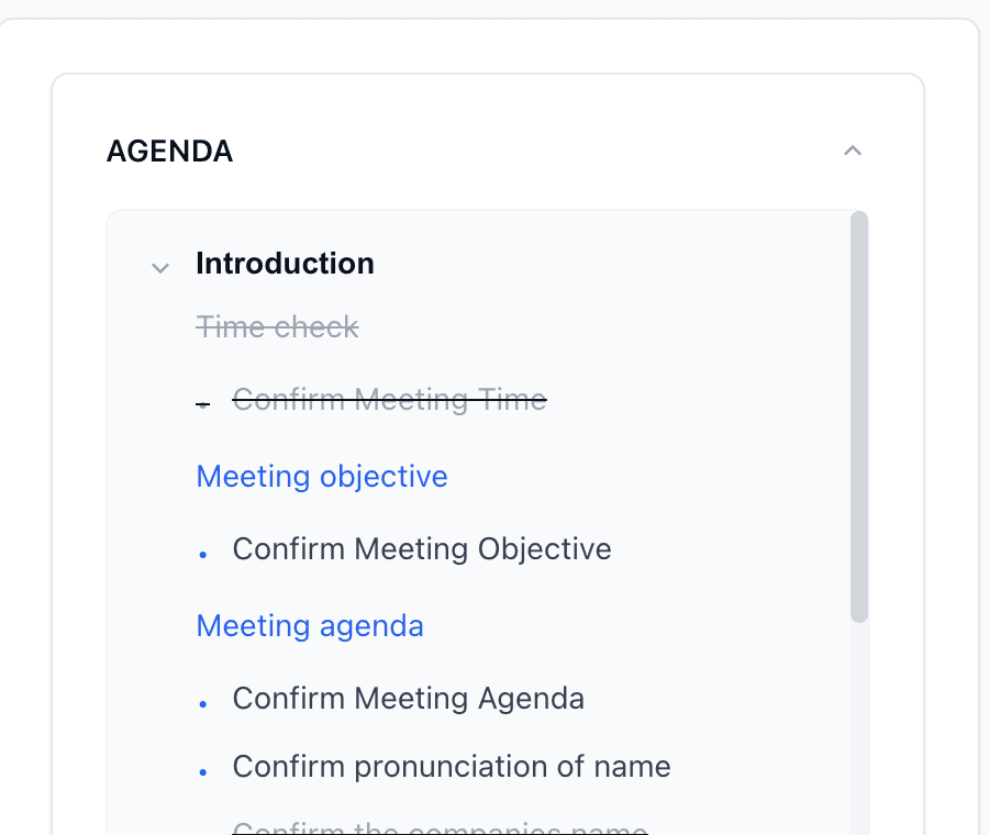 Nayak's live agenda automatically checking off covered meeting objectives.