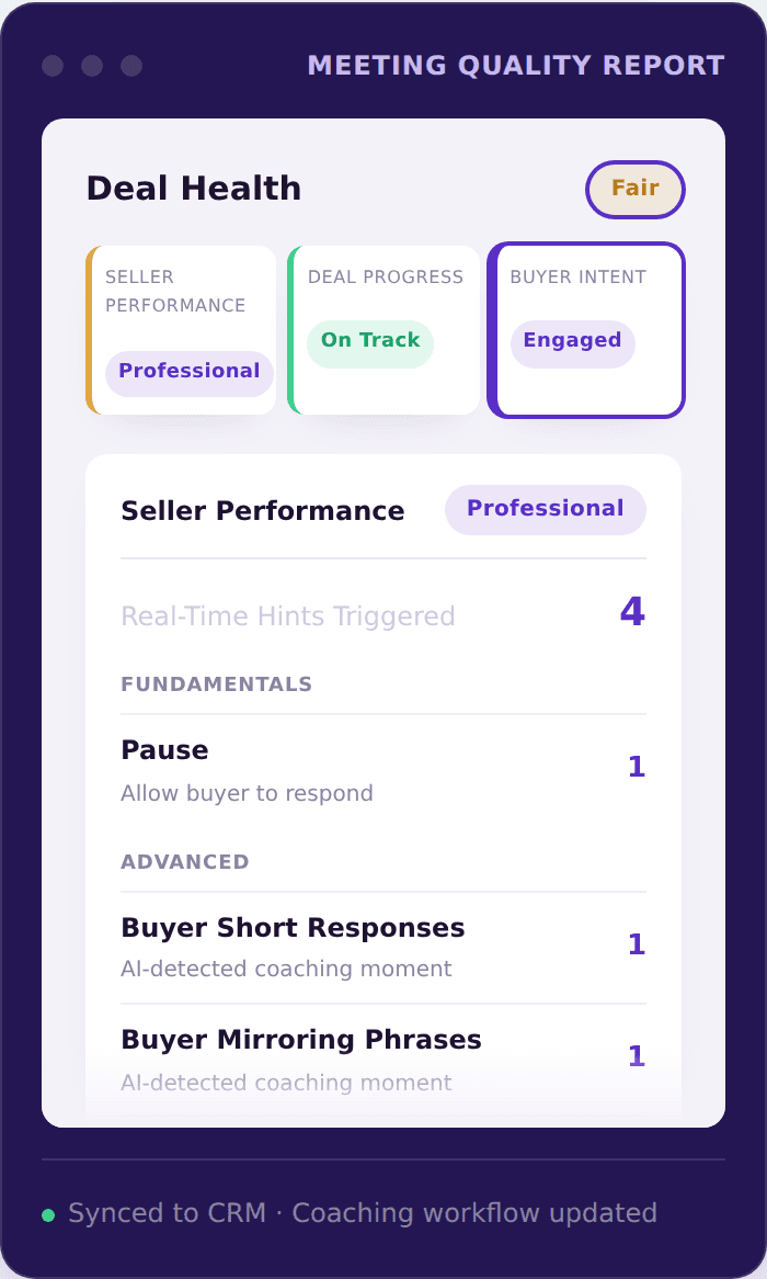A complete Nayak Meeting Quality Report showing Deal Health, Seller Performance, Deal Progress, Buyer Intent and next-call preparation from a completed sales call.